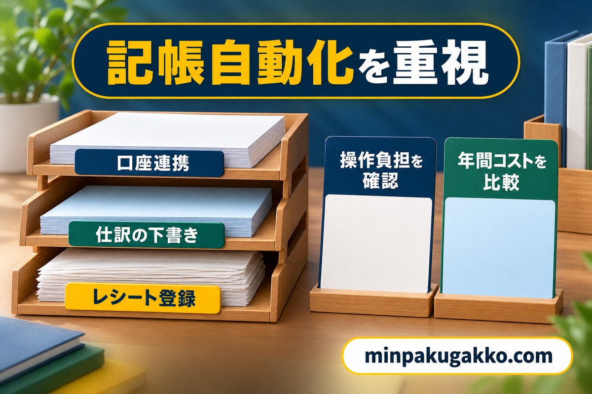 会計ソフトの記帳自動化を口座連携・仕訳下書き・レシート登録で確認する図