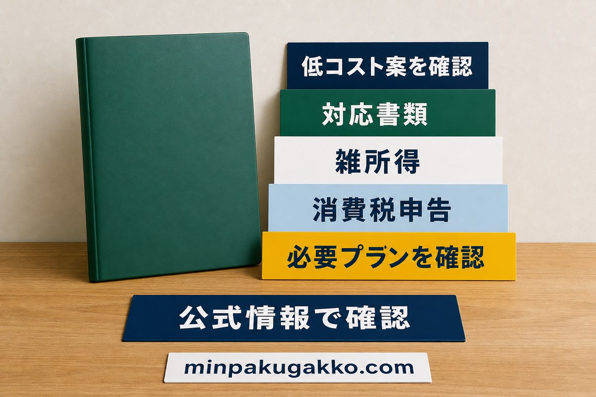 低コストの会計ソフト案を対応書類・雑所得・消費税申告・必要プランで確認する図