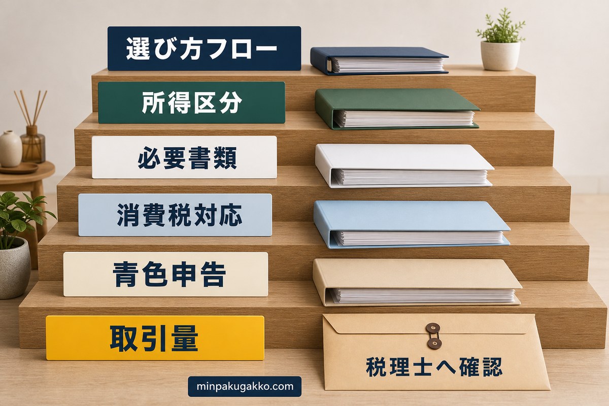 民泊の会計ソフトを所得区分・必要書類・消費税・青色申告・取引量で選ぶフロー図