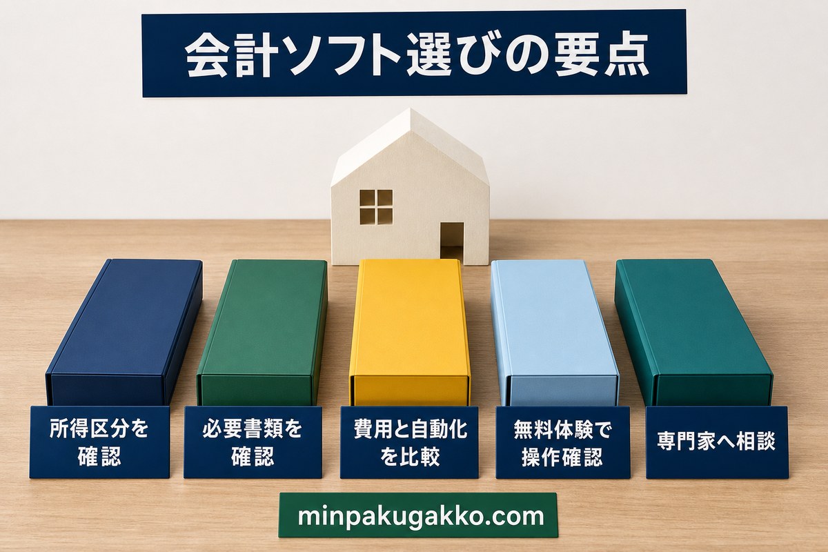民泊の会計ソフト選びを所得区分・必要書類・費用・自動化・操作確認・専門家相談でまとめる図