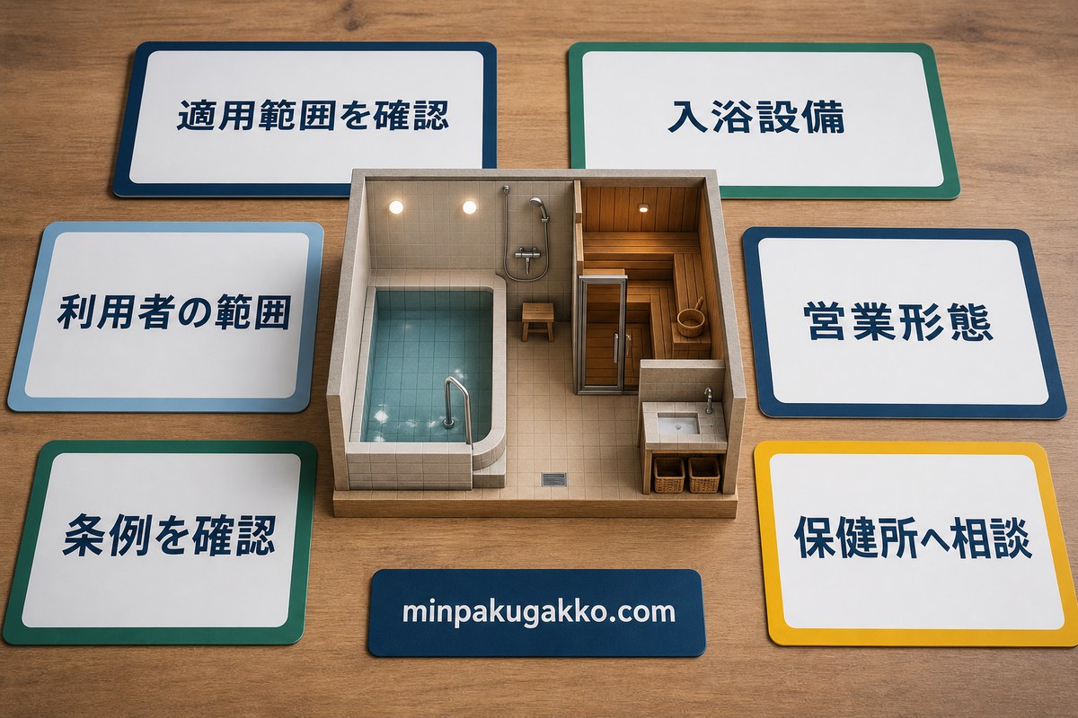 公衆浴場法の適用範囲を入浴設備・利用者・営業形態・条例で確認する図