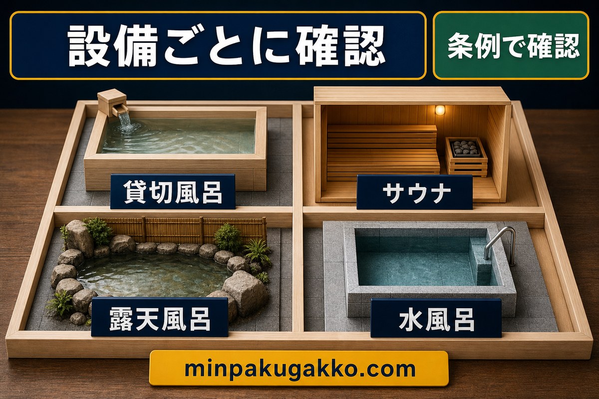 貸切風呂・サウナ・露天風呂・水風呂の取扱いを設備ごとに確認する図