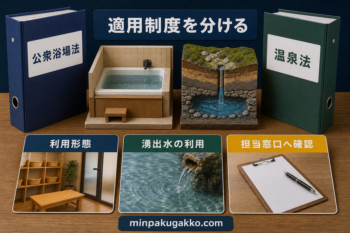 公衆浴場法と温泉法を利用形態・湧出水の利用・担当窓口で分けて確認する図