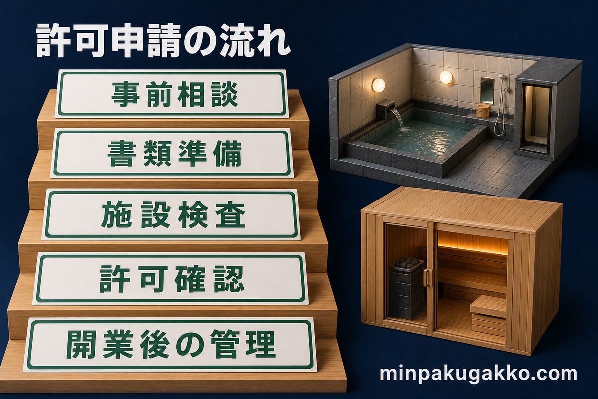 公衆浴場の許可申請を事前相談・書類準備・施設検査・許可確認・開業後管理で整理する図