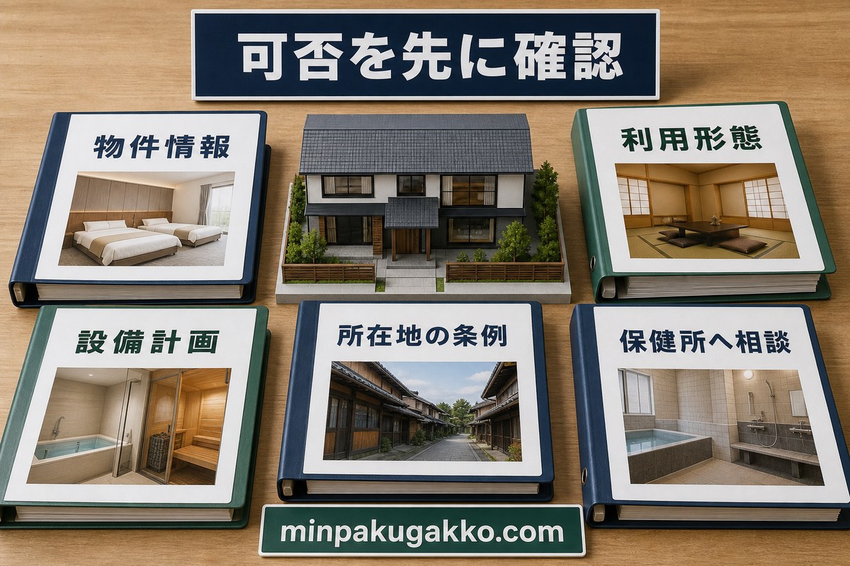 浴場・サウナ設置の可否を物件情報・利用形態・設備計画・条例・保健所相談で確認する図