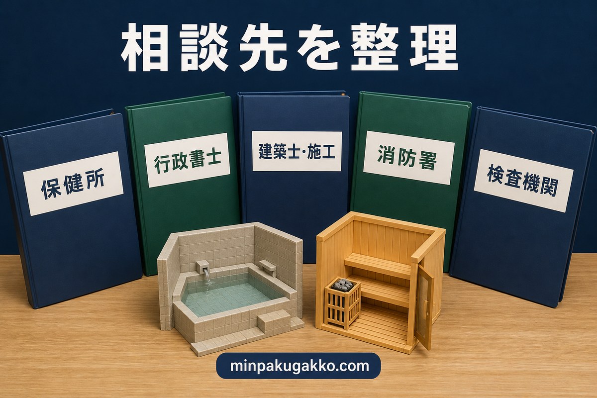 浴場・サウナ設置の相談先を保健所・行政書士・建築士施工・消防署・検査機関で整理する図