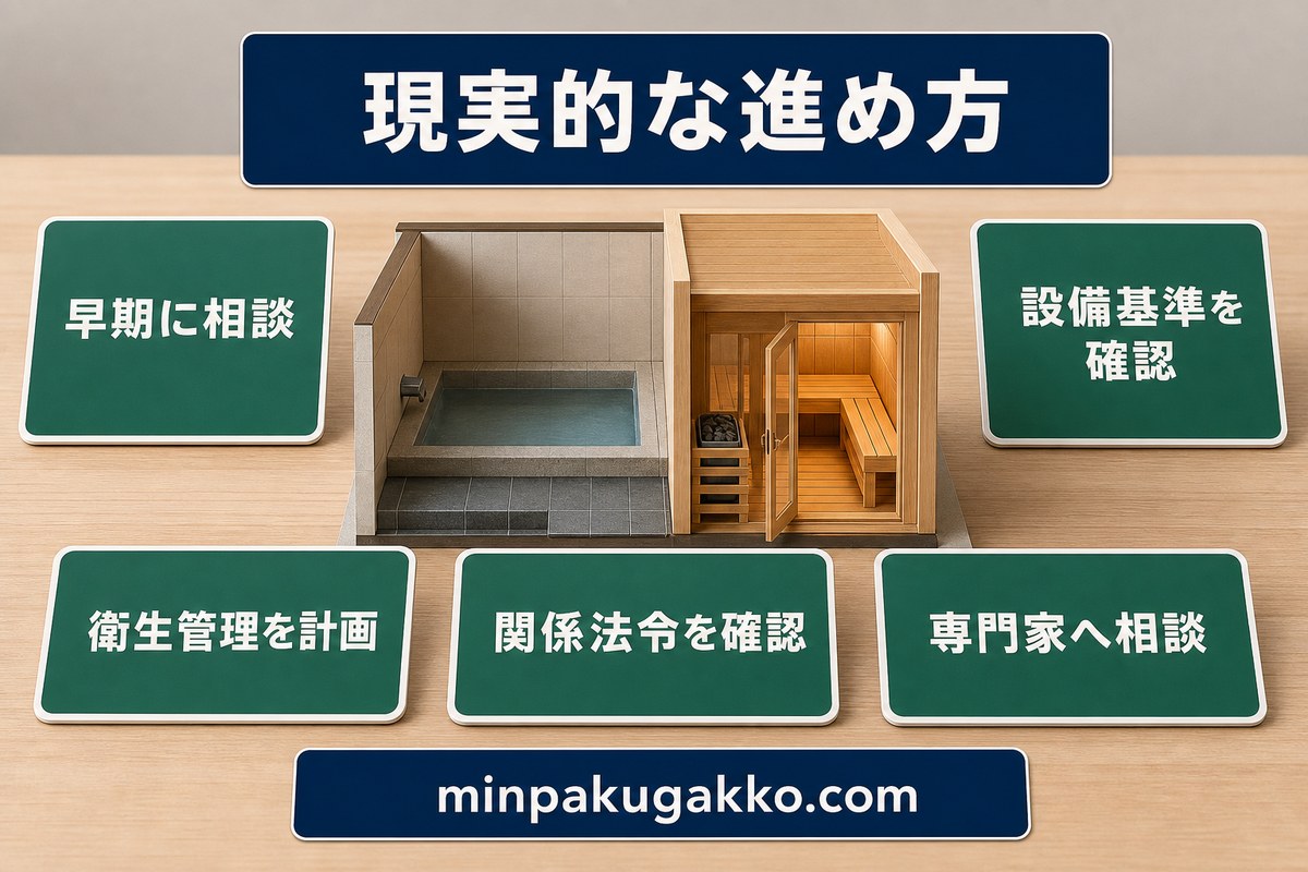 公衆浴場法対応を早期相談・設備基準・衛生管理・関係法令・専門家相談でまとめる図