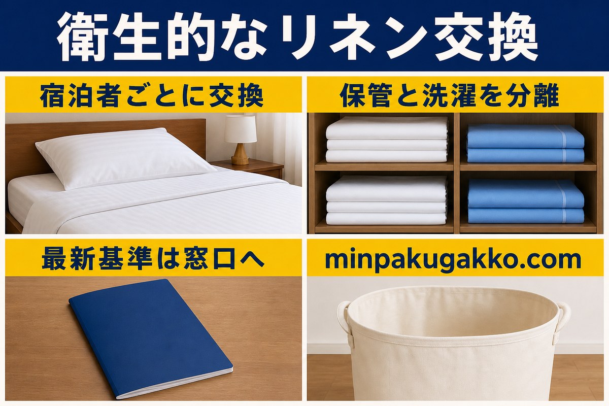 民泊リネンの宿泊者ごとの交換、保管と洗濯の分離、最新基準確認を整理した図解