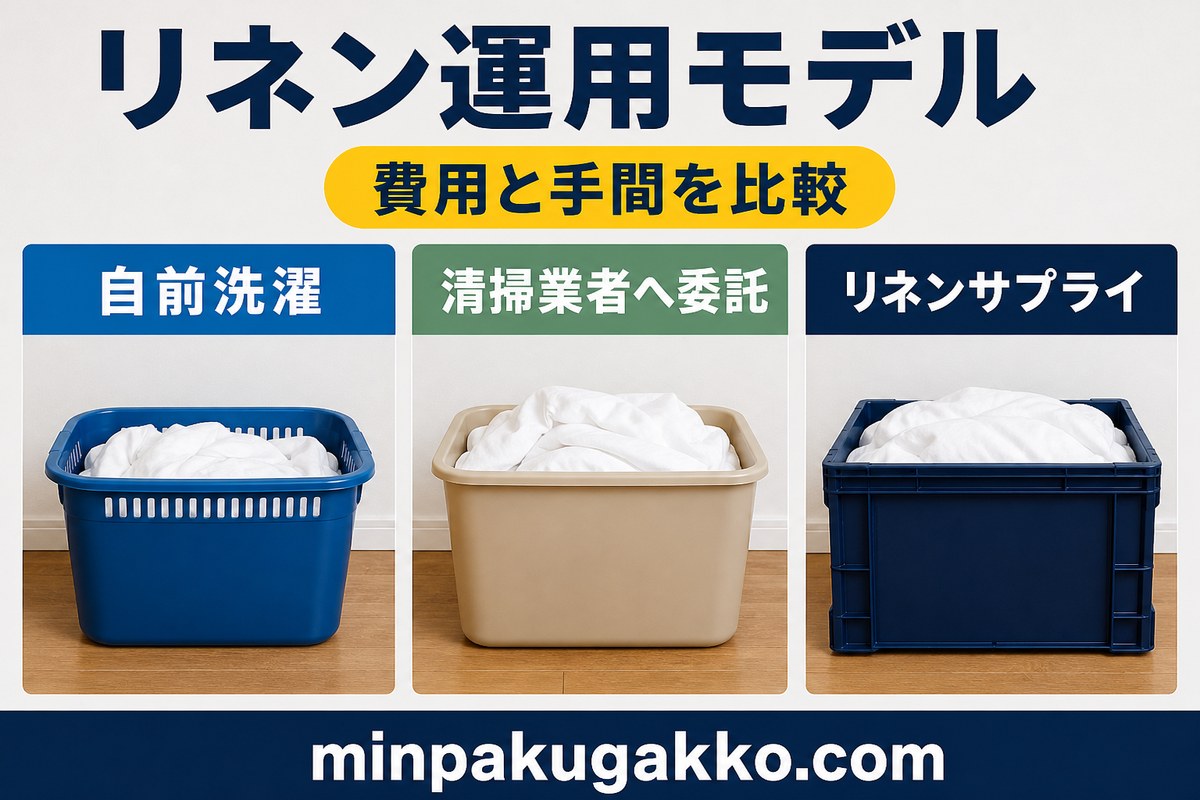 民泊リネンの自前洗濯、清掃業者委託、リネンサプライを比較した図解