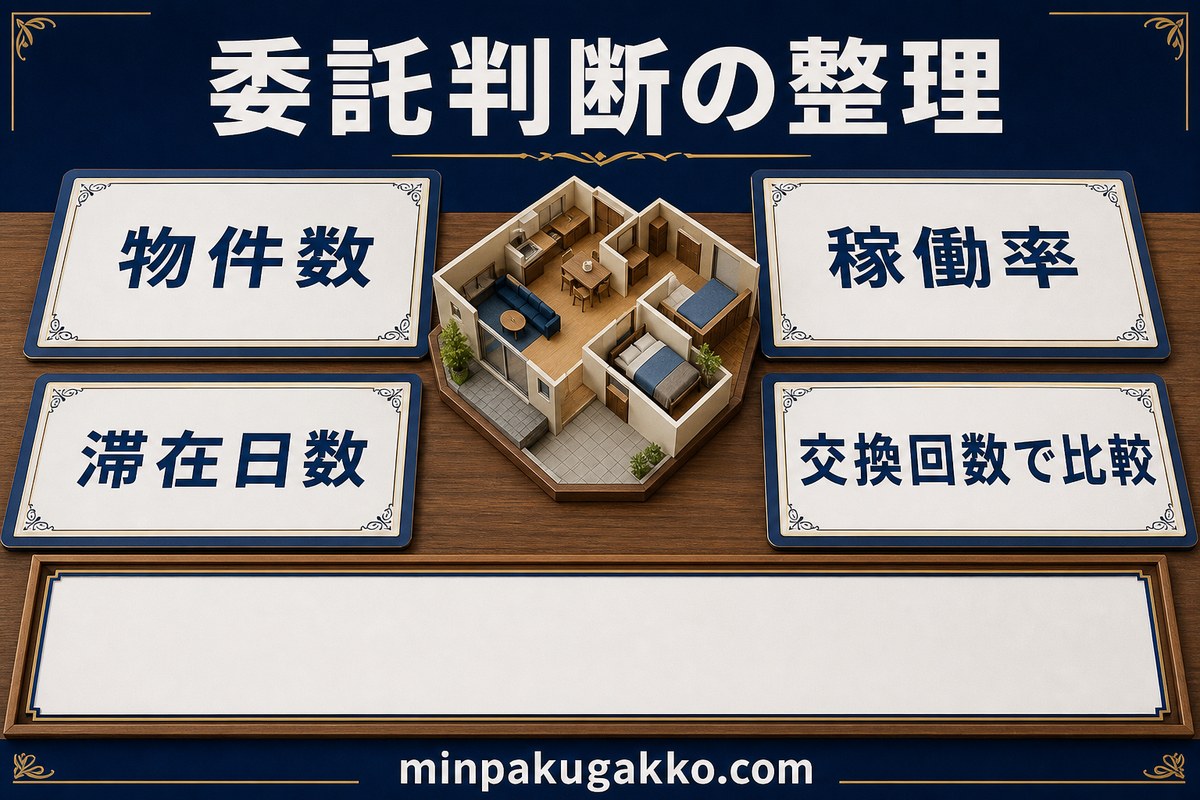 民泊リネンの委託判断を物件数、稼働率、滞在日数、交換回数で整理した図解