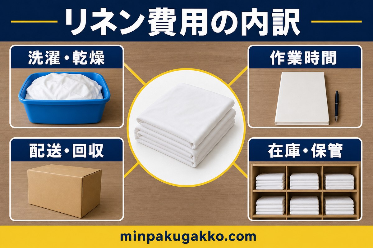 民泊リネン費用を洗濯乾燥、作業時間、配送回収、在庫保管に分けた図解