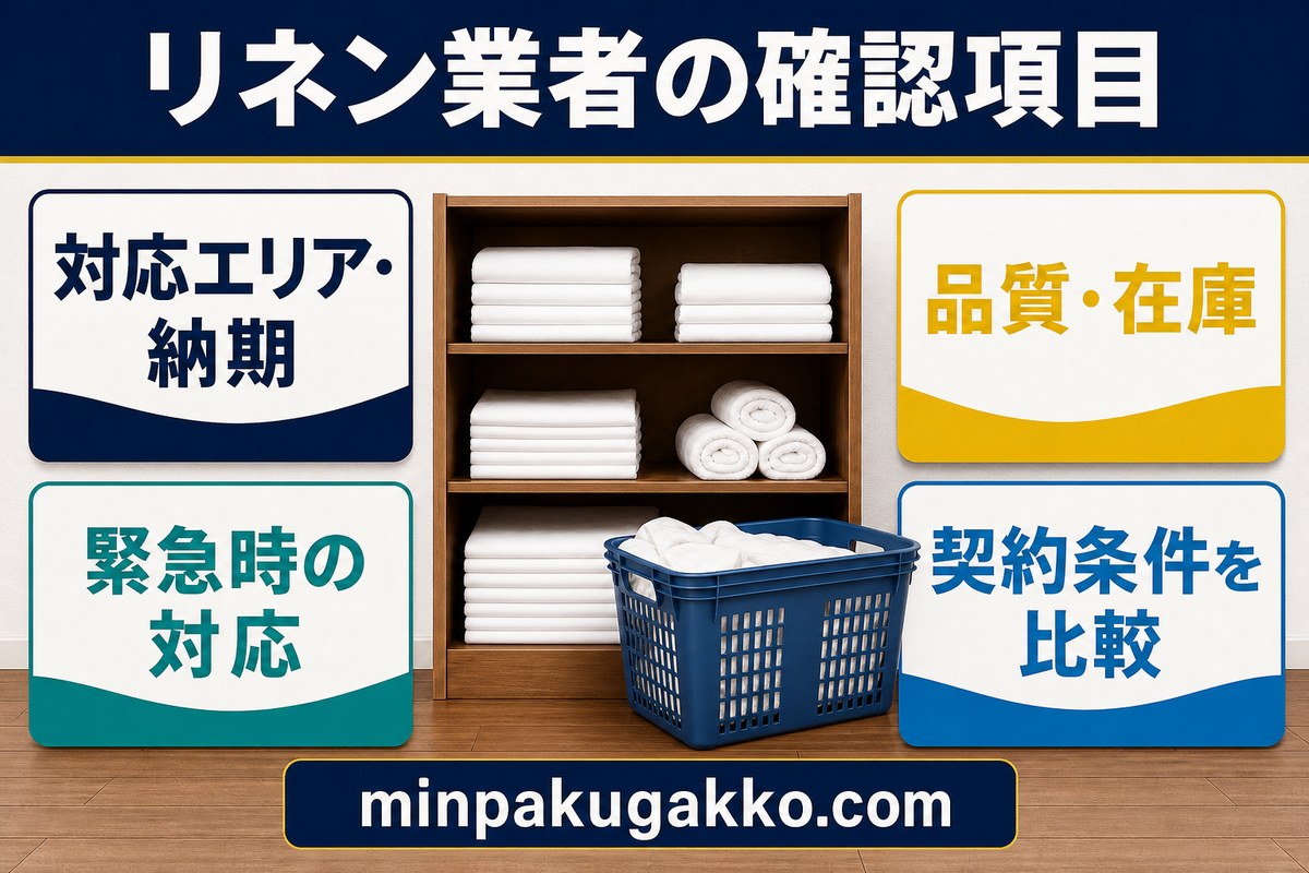 リネン業者選びで対応エリア、納期、品質、在庫、緊急対応、契約条件を確認する図解