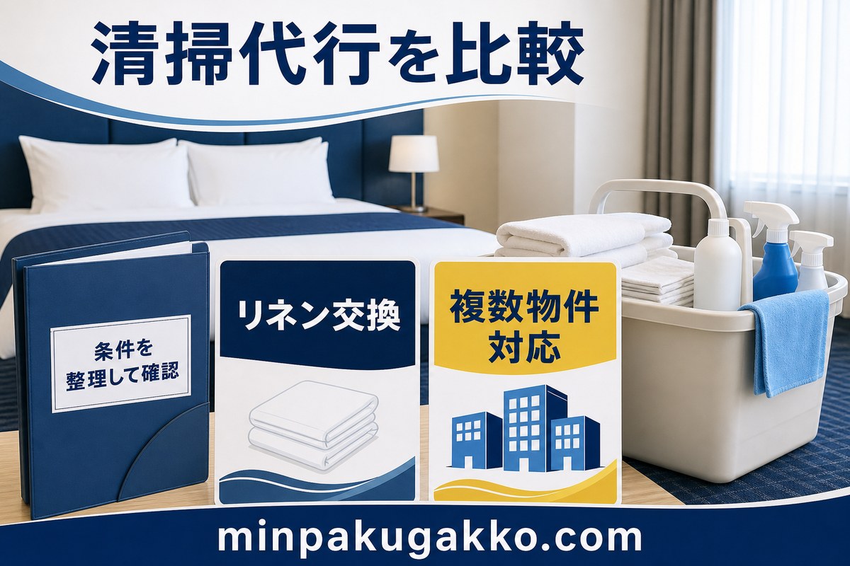清掃代行のリネン交換、複数物件対応、条件整理を案内する図解