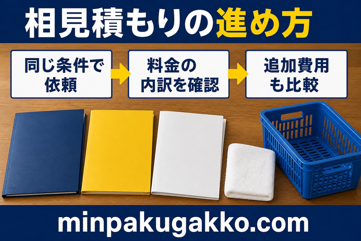 リネン業者への相見積もりを同条件、料金内訳、追加費用で比較する図解