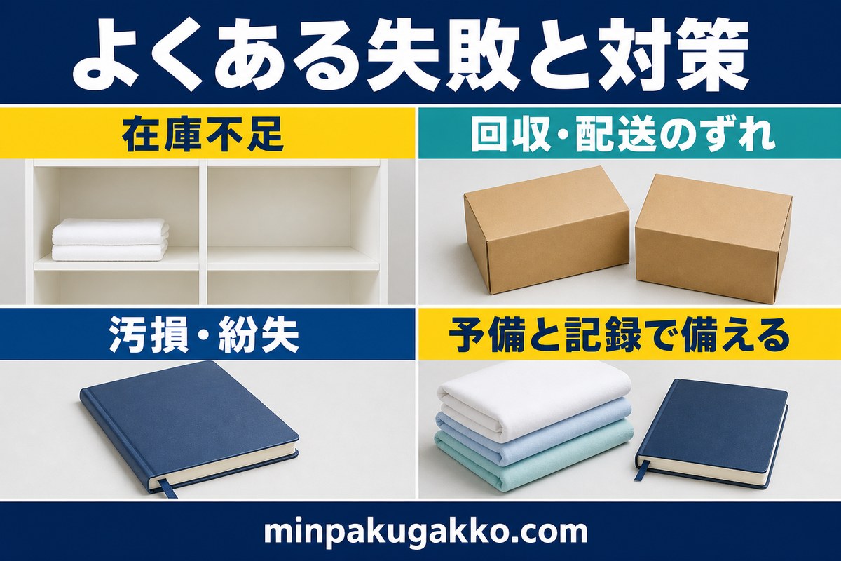 リネン運用の在庫不足、回収配送のずれ、汚損紛失と予備・記録の対策を整理した図解