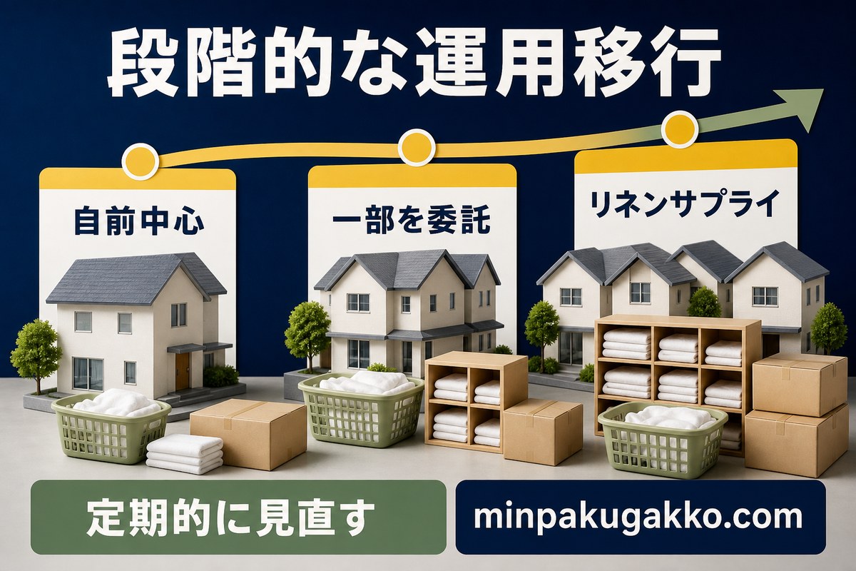 民泊リネン運用を自前中心、一部委託、リネンサプライへ段階的に移行する図解