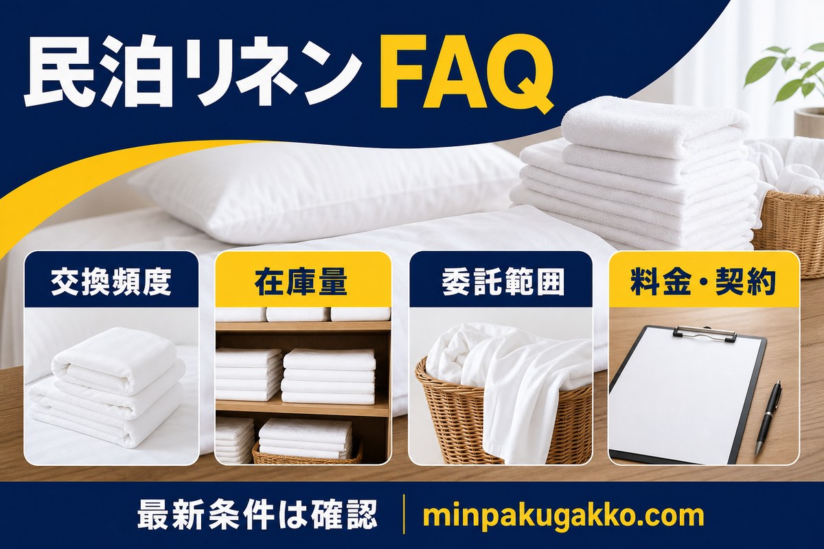民泊リネンの交換頻度、在庫量、委託範囲、料金契約の質問を整理した図解