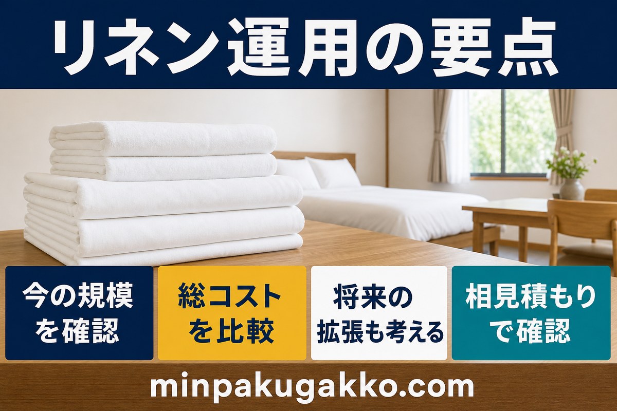 民泊リネン運用を現在の規模、総コスト、将来の拡張、相見積もりで整理した図解