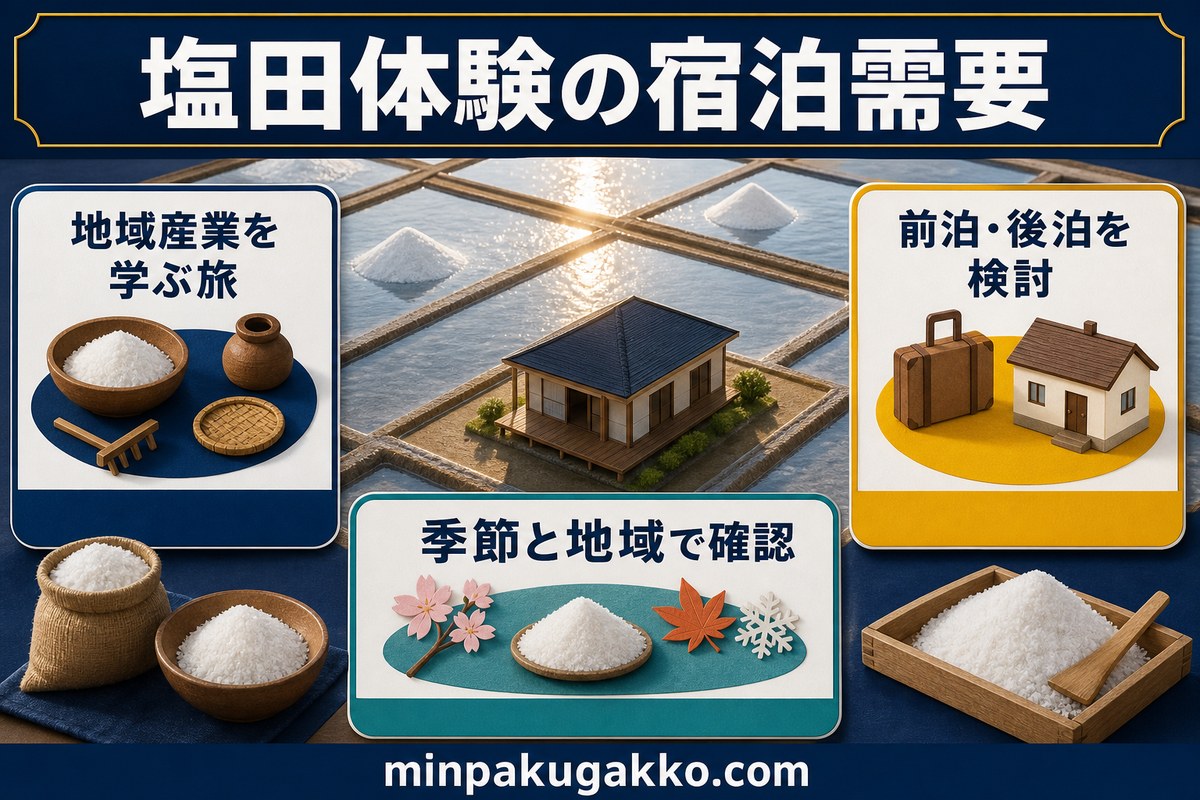 塩田体験の宿泊需要を地域産業、前泊後泊、季節、地域で整理した図解