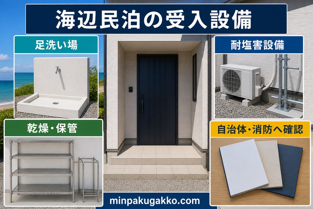 海辺民泊の足洗い場、乾燥保管、耐塩害設備、自治体と消防の確認を整理した図解