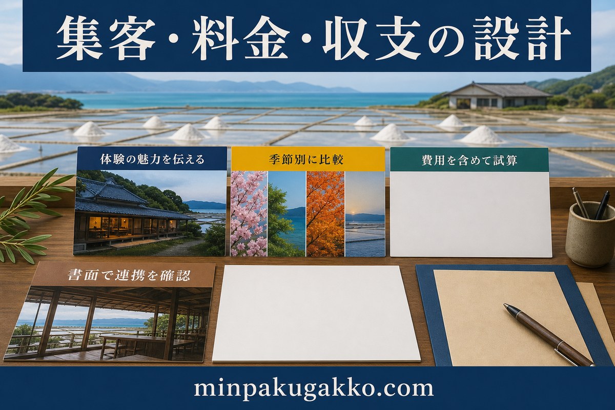 塩田体験民泊の集客、料金、収支を季節、費用、連携確認で整理した図解