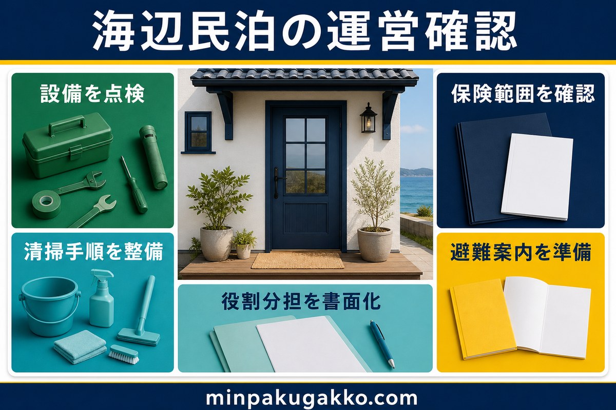 海辺民泊の設備点検、清掃、保険、避難案内、役割分担を整理した図解