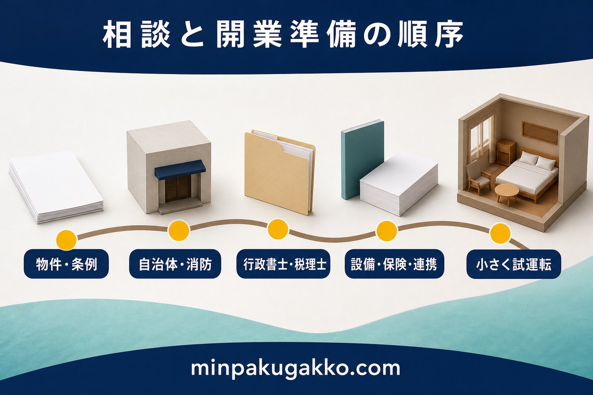 塩田体験民泊の物件、条例、自治体、消防、専門家、設備、保険、連携確認の順序を整理した図解