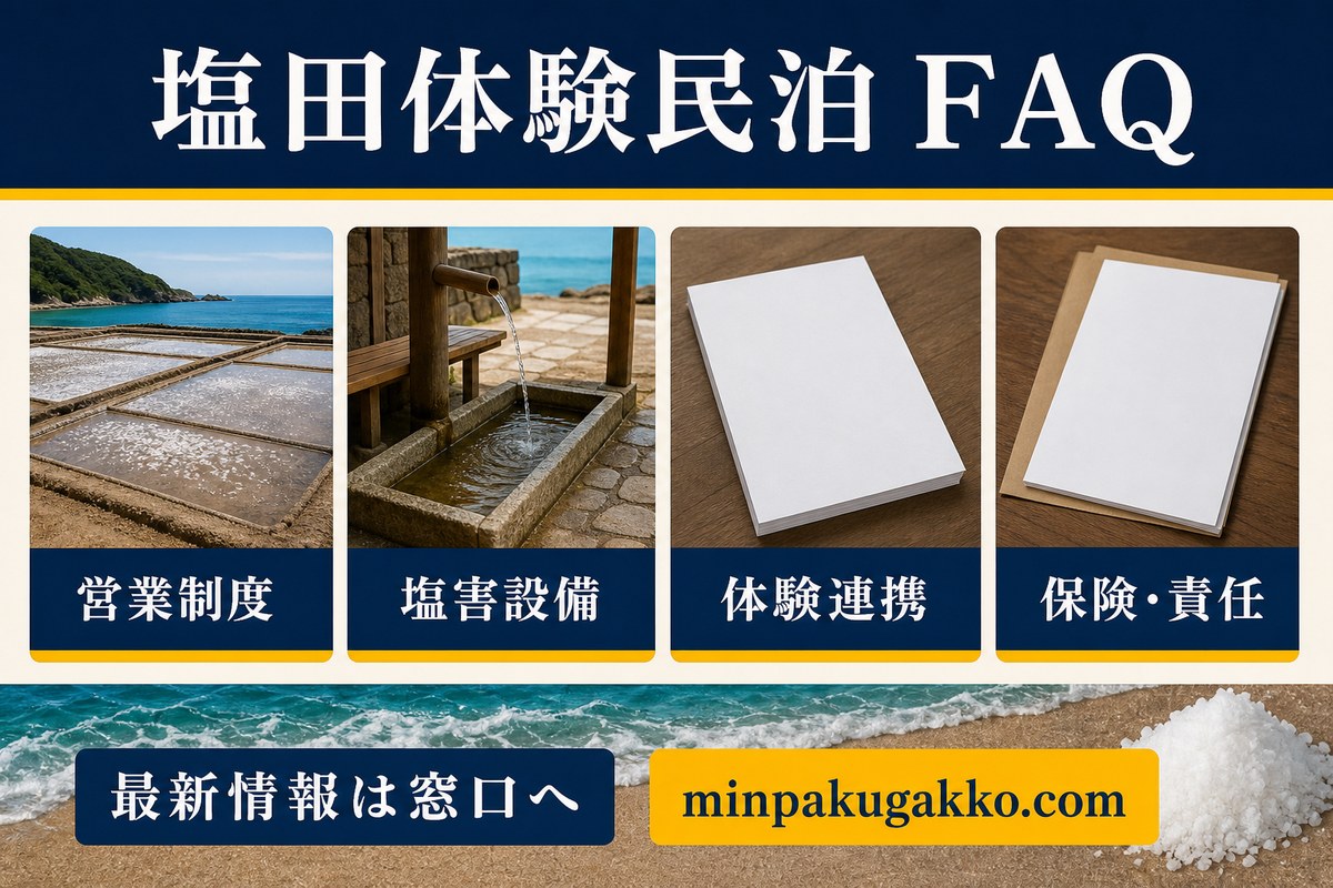 塩田体験民泊の営業制度、塩害設備、体験連携、保険、責任の質問を整理した図解