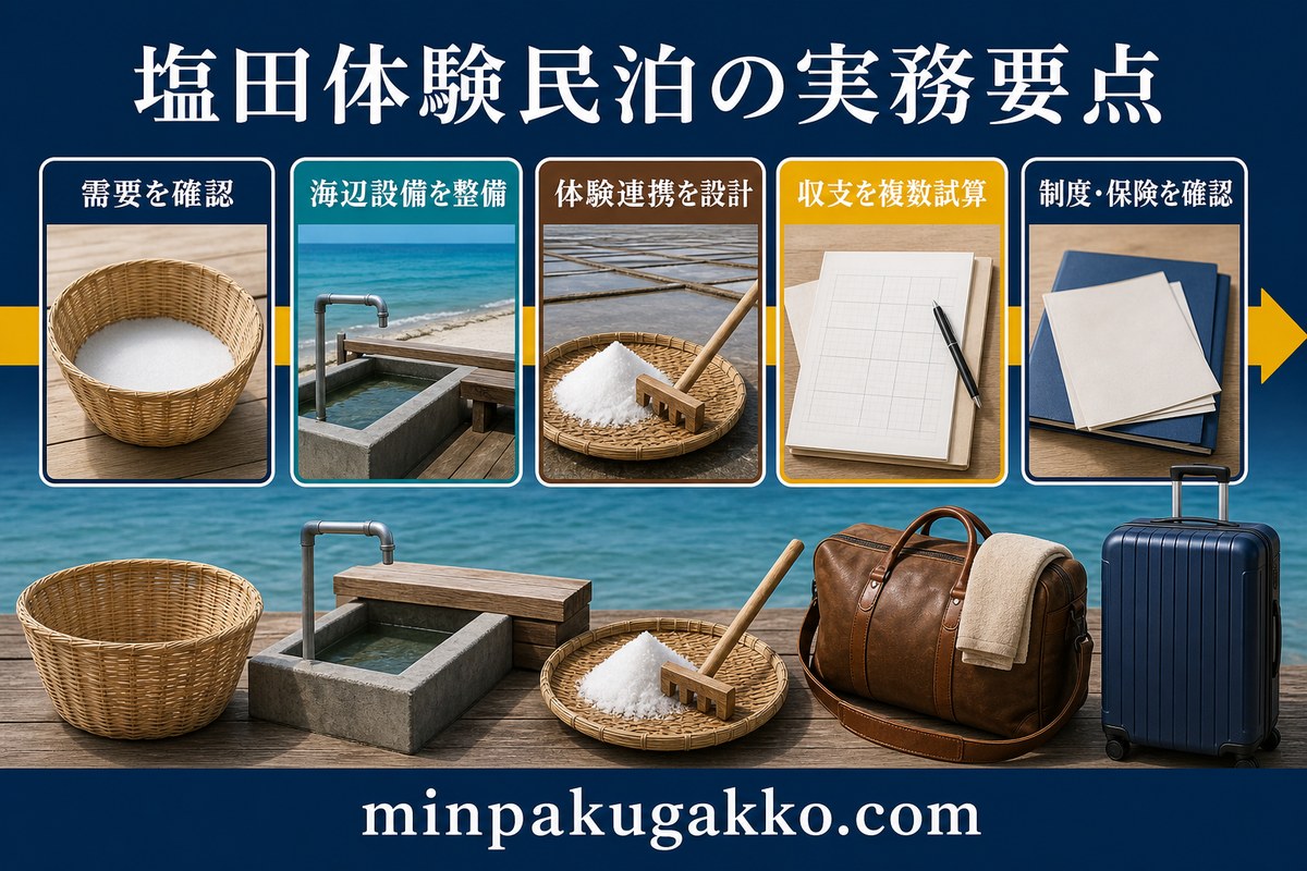 塩田体験民泊の需要、海辺設備、体験連携、収支、制度、保険をまとめた図解