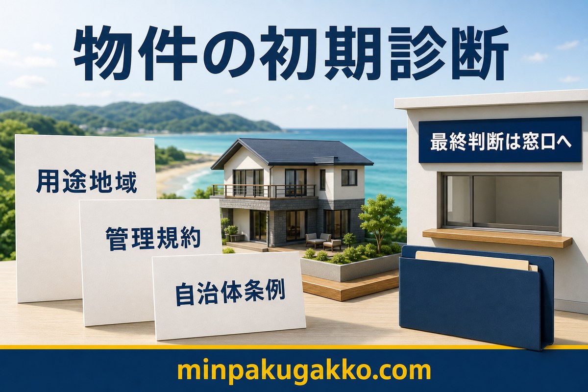 民泊物件を用途地域、管理規約、自治体条例の三つの観点で初期診断する図解