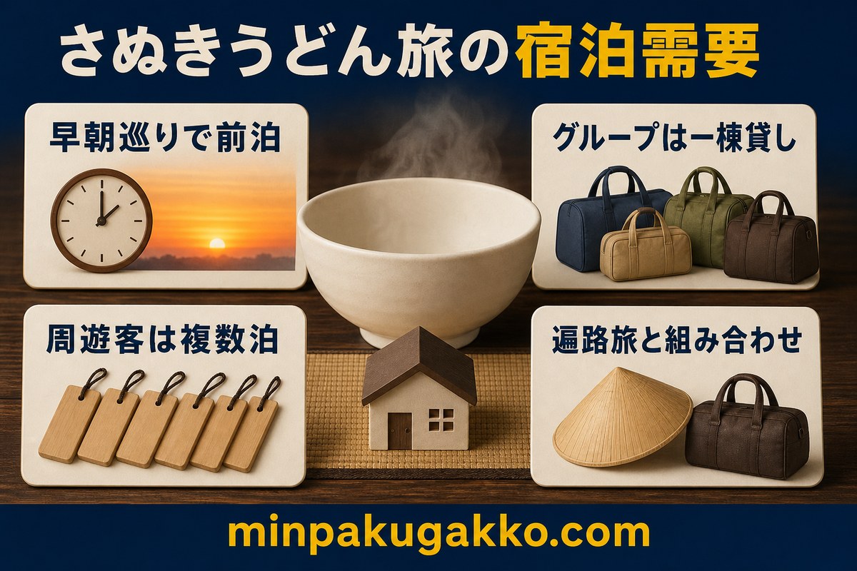 さぬきうどん旅の宿泊需要を早朝巡り、グループ、周遊、遍路旅で整理した図解