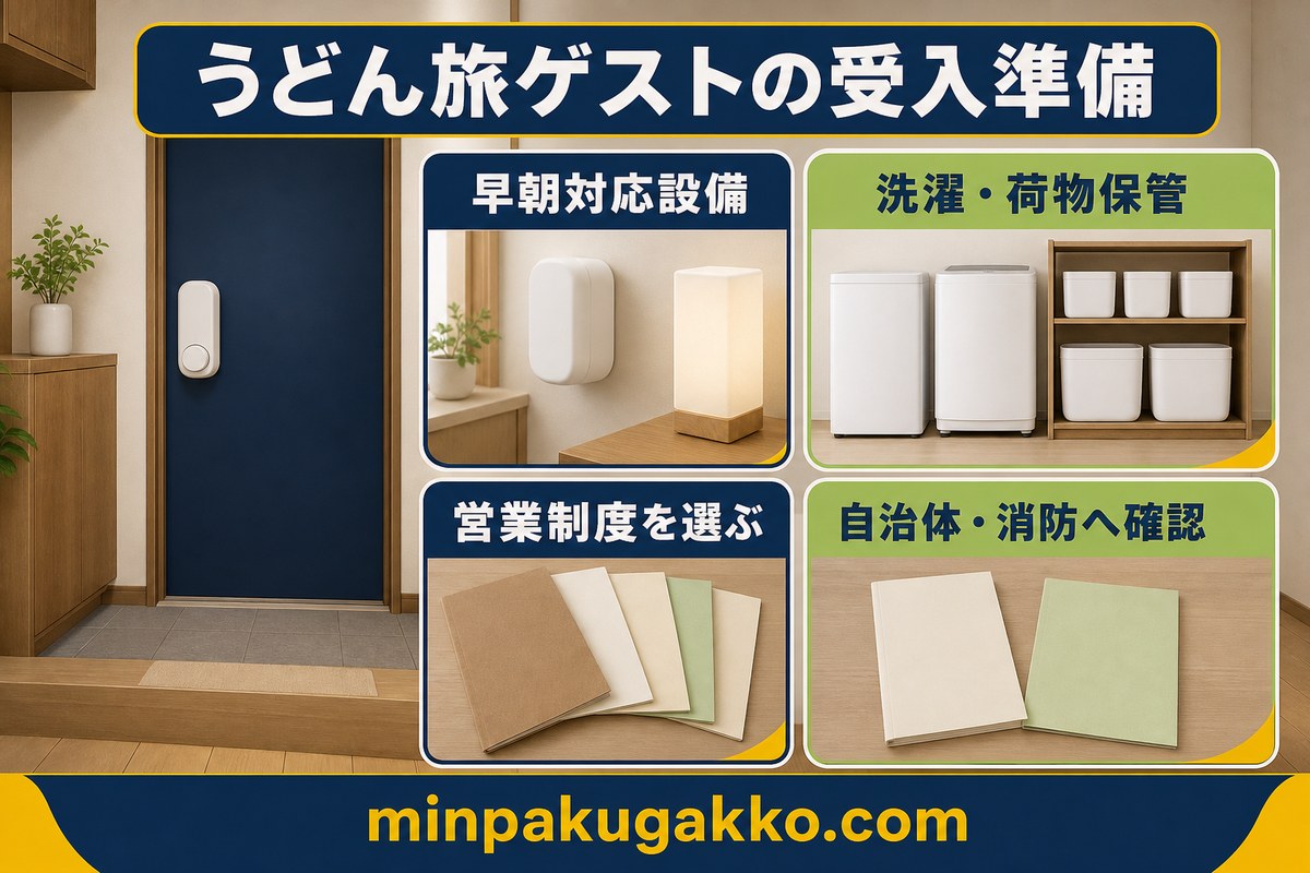 うどん旅ゲストの早朝対応、洗濯、荷物保管、営業制度、自治体と消防の確認を整理した図解