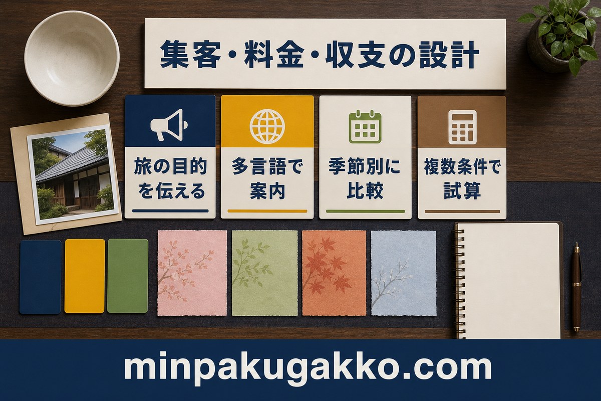 さぬきうどん旅民泊の集客、料金、収支を多言語、季節、複数条件で整理した図解