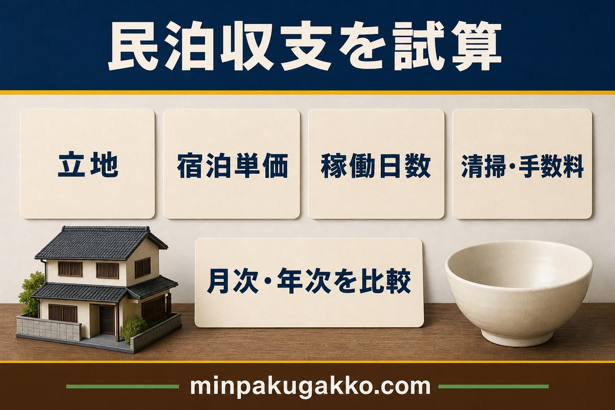 民泊収支を立地、宿泊単価、稼働日数、清掃費と手数料で試算する図解
