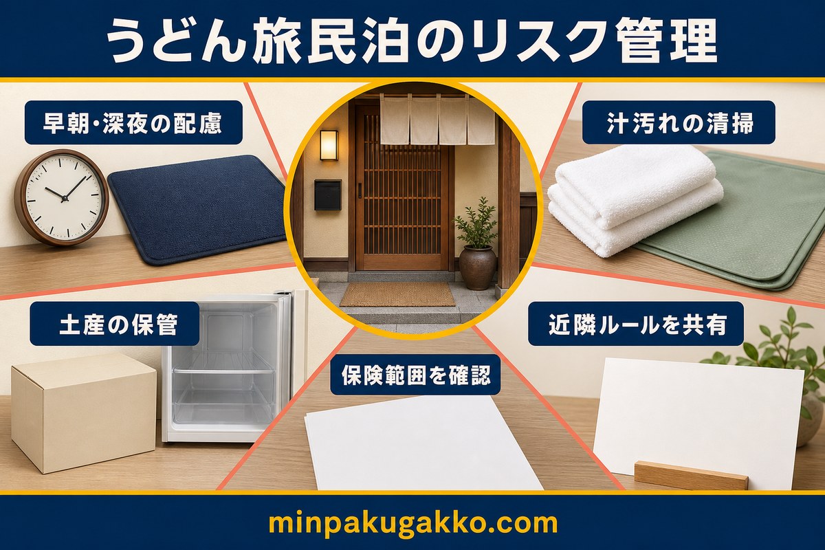 うどん旅民泊の早朝深夜対応、汁汚れ清掃、土産保管、保険、近隣ルールを整理した図解