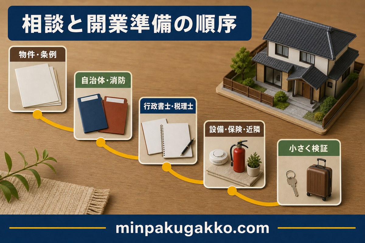 さぬきうどん旅民泊の物件、条例、消防、専門家、設備、保険、近隣対応の順序を整理した図解