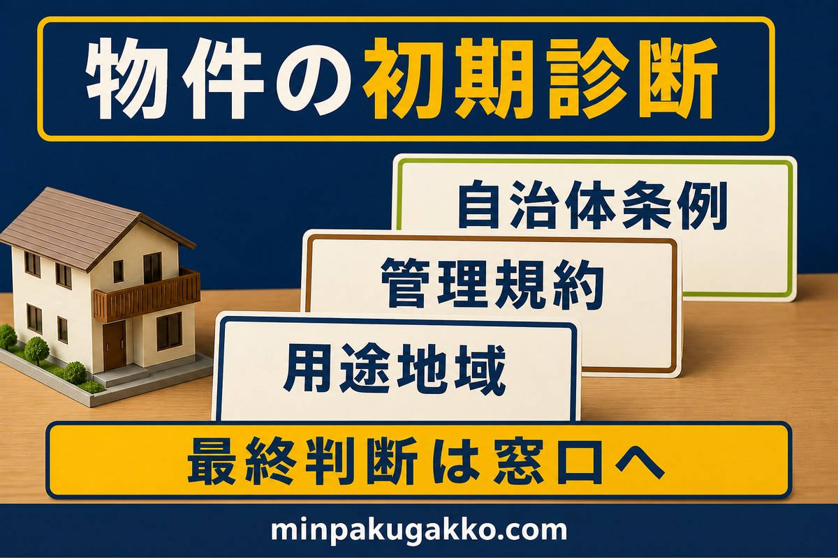民泊物件を用途地域、管理規約、自治体条例の三つの観点で初期診断する図解