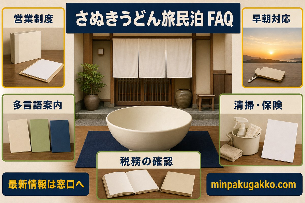 さぬきうどん旅民泊の営業制度、早朝対応、多言語、清掃、保険、税務の質問を整理した図解