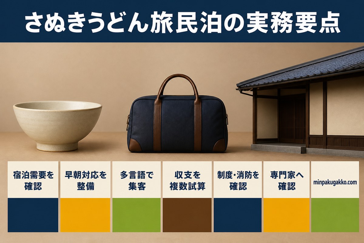 さぬきうどん旅民泊の需要、早朝設備、多言語集客、収支、制度、消防、専門家確認をまとめた図解