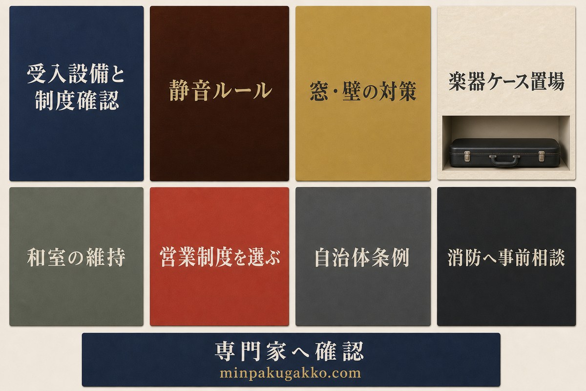 静音ルール、窓と壁、楽器ケース置場、和室、営業制度、条例、消防、専門家確認を整理した受入設備と制度確認図