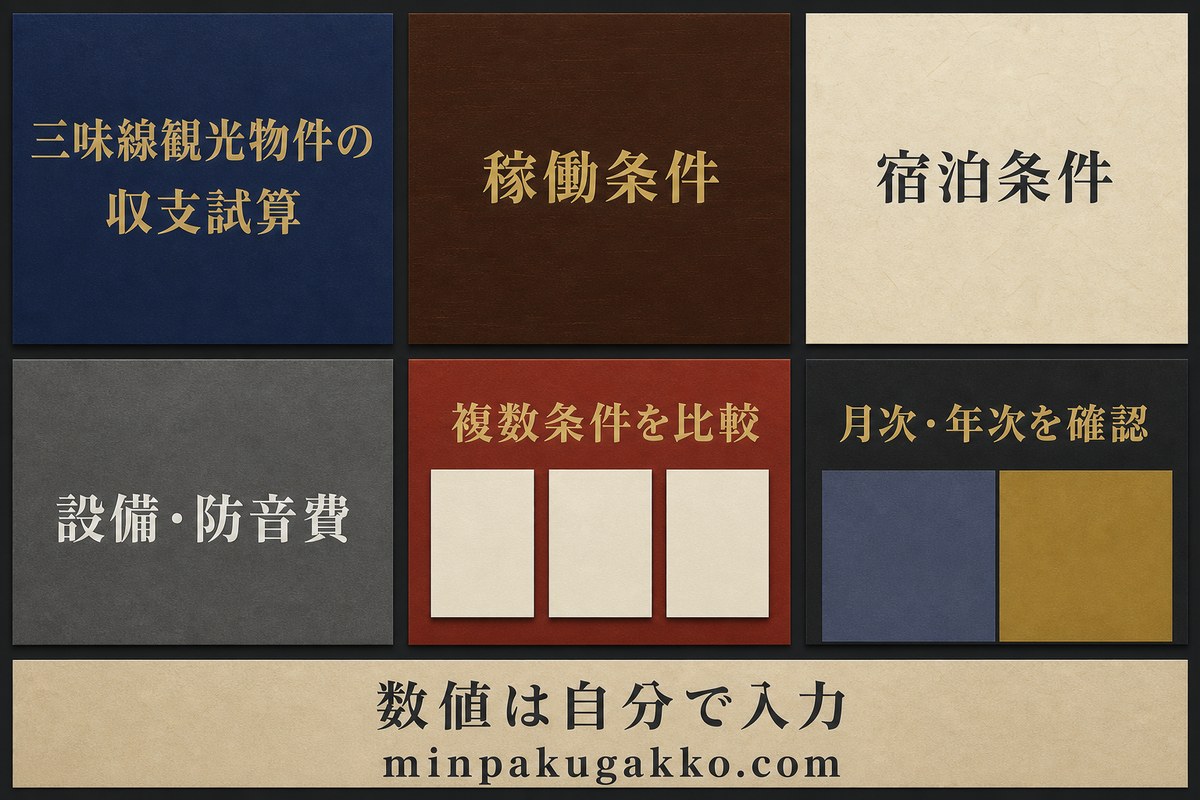 稼働条件、宿泊条件、設備と防音費、複数条件、月次と年次を比較する三味線観光物件の収支試算図