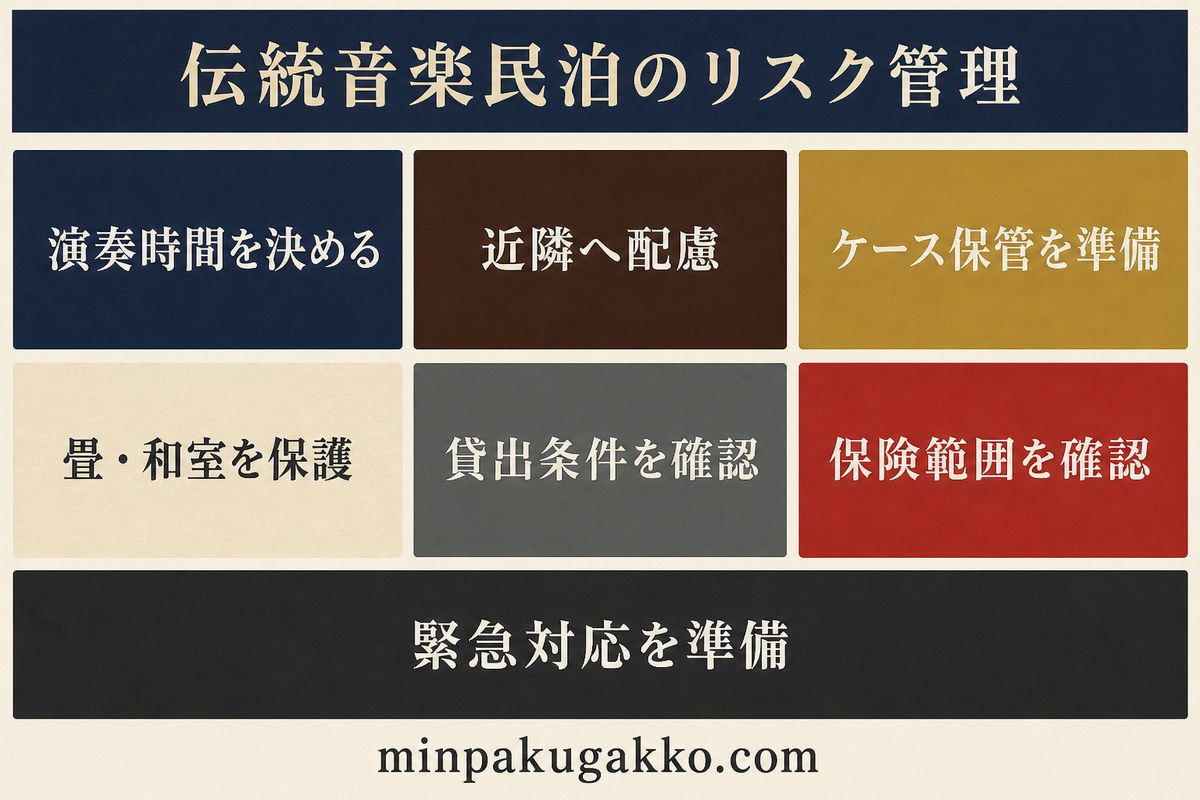 演奏時間、近隣配慮、ケース保管、畳と和室、貸出条件、保険、緊急対応を整理した伝統音楽民泊のリスク管理図
