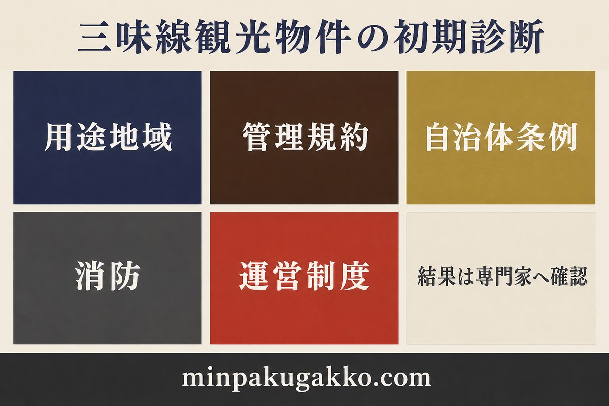 用途地域、管理規約、自治体条例、消防、運営制度を初期整理して専門家確認につなげる三味線観光物件診断図