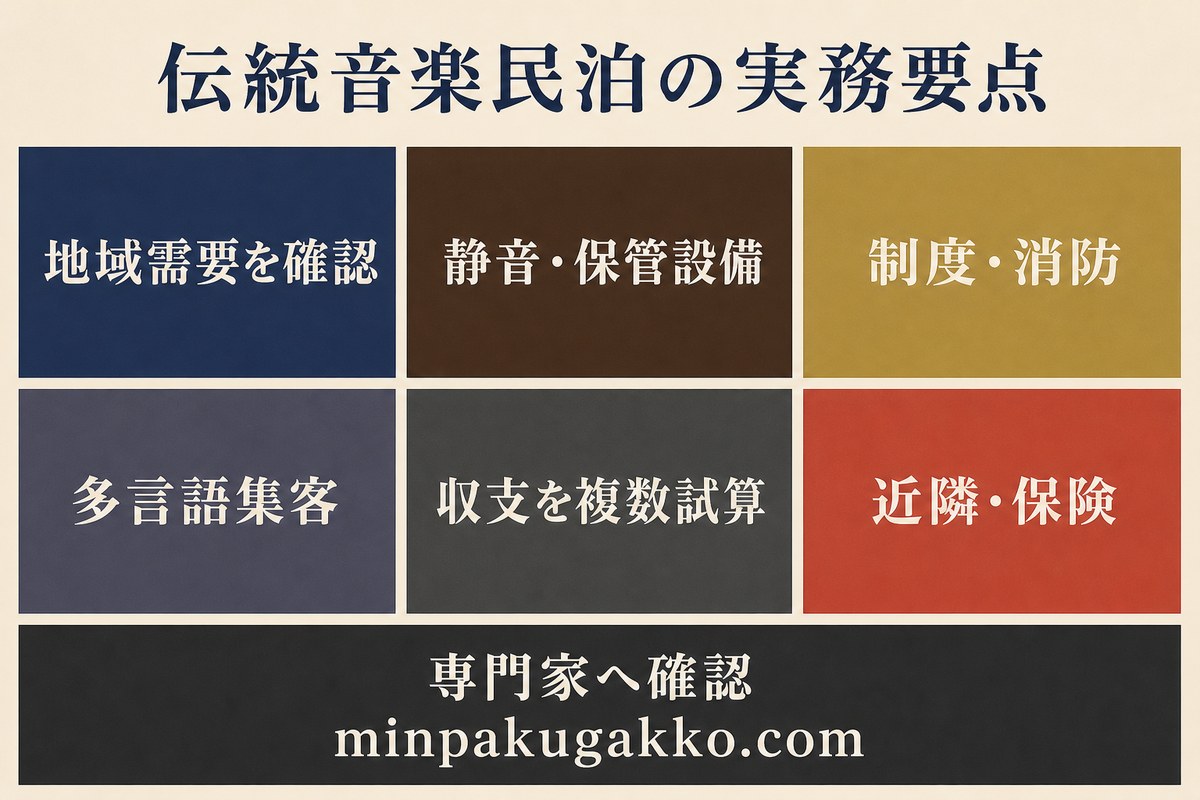 地域需要、静音と保管設備、制度と消防、多言語集客、複数収支、近隣と保険、専門家確認を整理した伝統音楽民泊の実務要点図