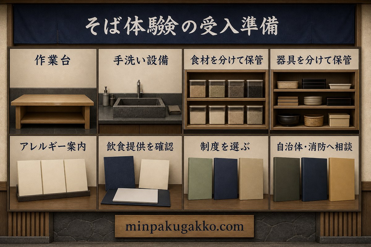 作業台、手洗い、食材と器具の分離保管、アレルギー案内、飲食提供、制度、自治体と消防を整理したそば体験受入準備図