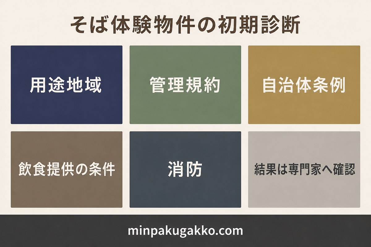 用途地域、管理規約、自治体条例、飲食提供の条件、消防を初期整理して専門家確認につなげるそば体験物件診断図