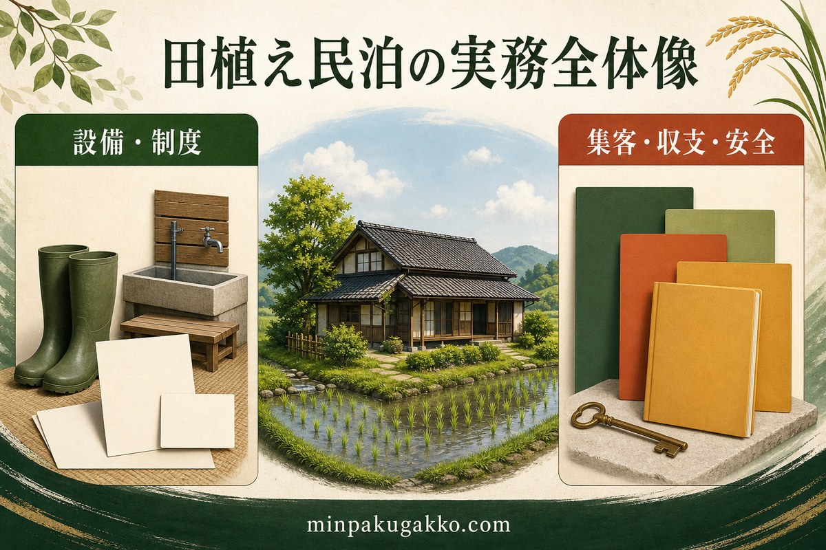 田植え体験型農村民泊の設備、制度、集客、収支、安全を俯瞰した図解