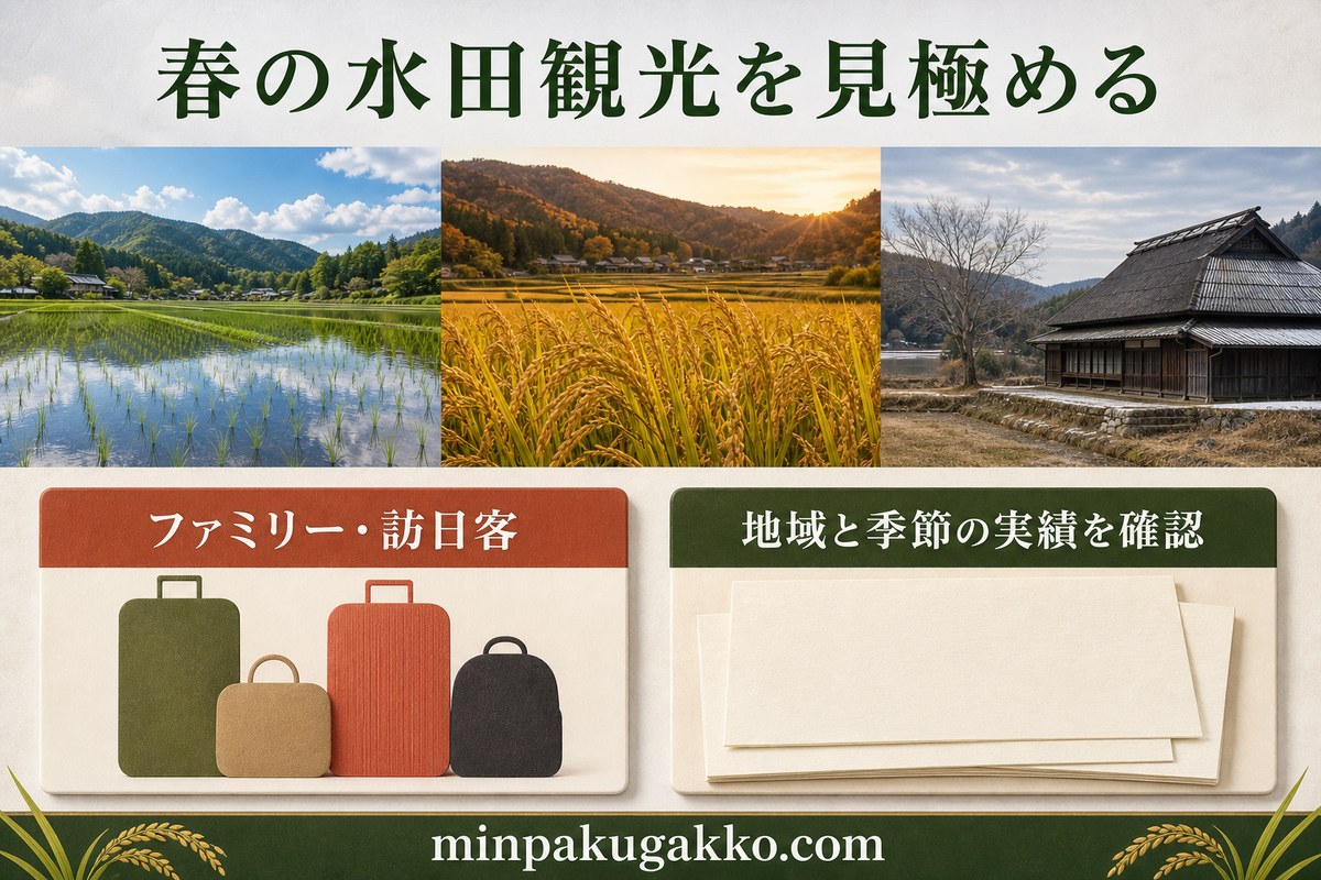 春の水田観光需要をファミリー、訪日客、季節差、地域差で整理した図解