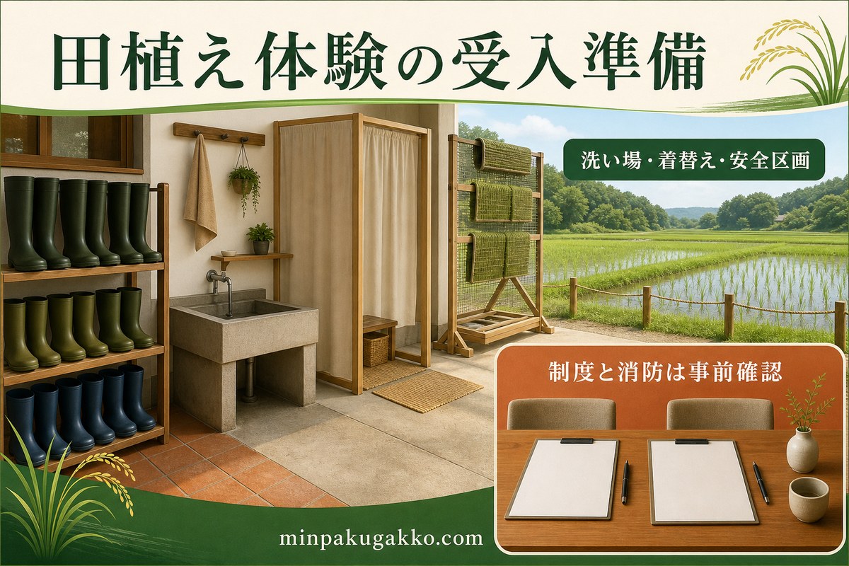 長靴、屋外水洗い場、着替えスペース、安全区画と制度・消防確認を整理した図解