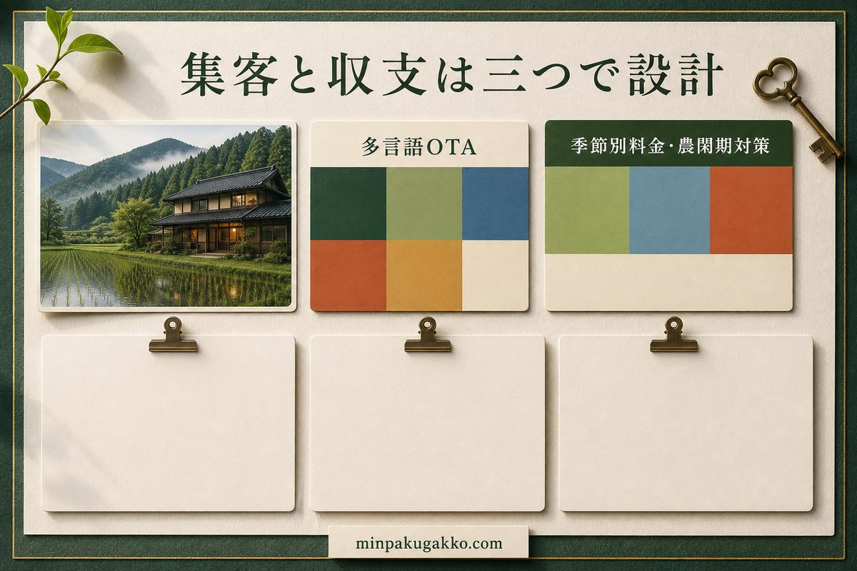 田植え体験型民泊の多言語OTA掲載、季節別料金、農閑期対策を整理した図解